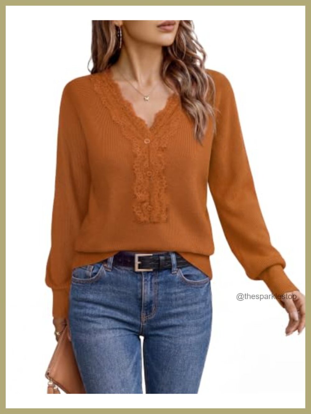 Women's Lace Trim V-Neck Long Sleeve Sweater Pullover